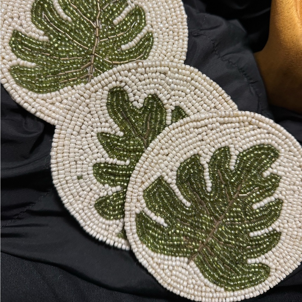 Hand Beaded Leaf Coasters Boho Anthropologie-style Decor Set (3) silk backing